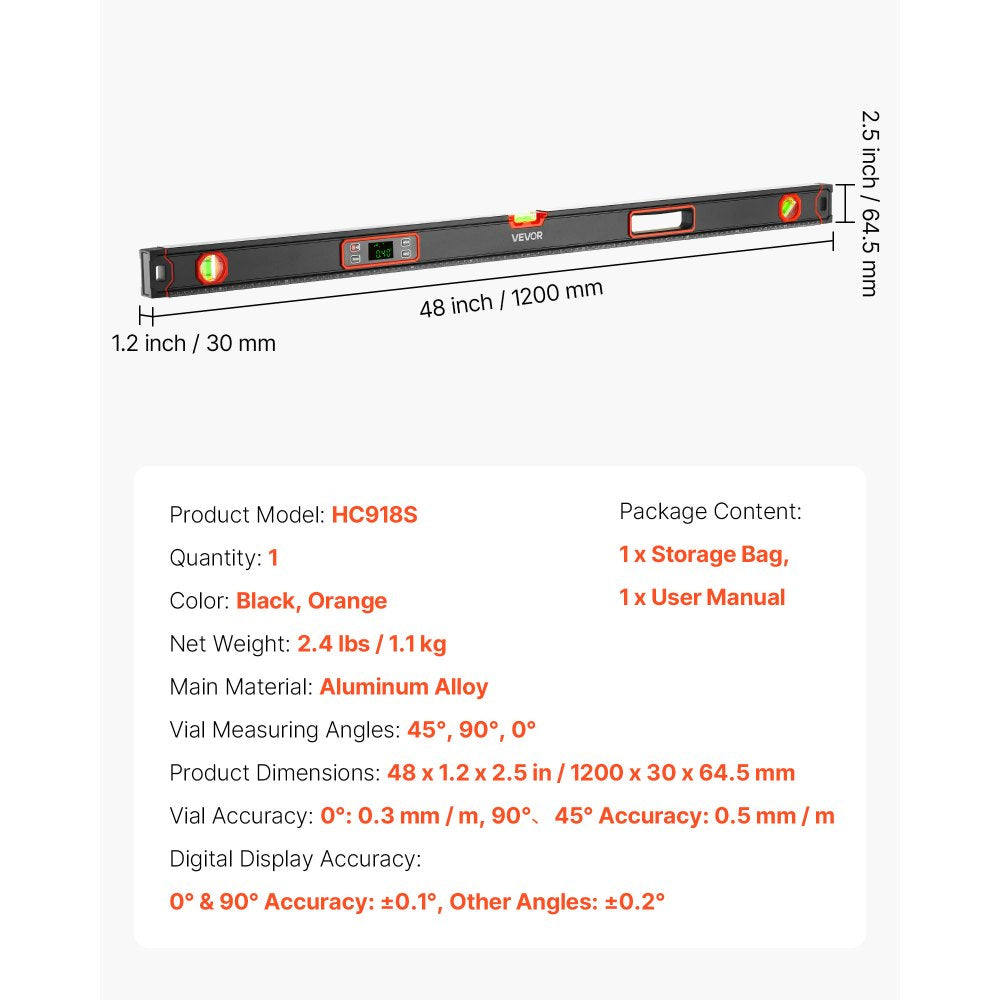 VEVOR Digital Level, 48 in Length, Magnetic Electronic Level with LED Backlit Display, 360° Electronic Leveler Tool with 0°/45°/90° Bubble Vials, IP54 Rating for Construction Carpentry Home Renovation