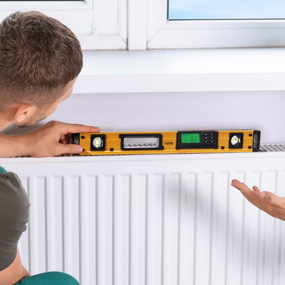 VEVOR Magnetic Torpedo Level, 600mm, LED Backlit Screen Mechanical Bubble Vials Ruler for 0-360 Degree, Gravity Sensor Aluminum Alloy Leveler Tool w/ Viewing Window, Shock-Resistant for Plumbing, Wood