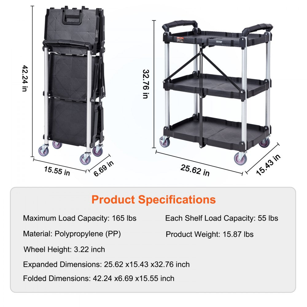 VEVOR Foldable Utility Service Cart, 3 Shelf 165LBS Heavy Duty Plastic Rolling Cart with Lockable Wheels, Ergonomic Handle, Portable Garage Tool Cart for Warehouse/Office/Home(25.62"x15.43"x32.76")