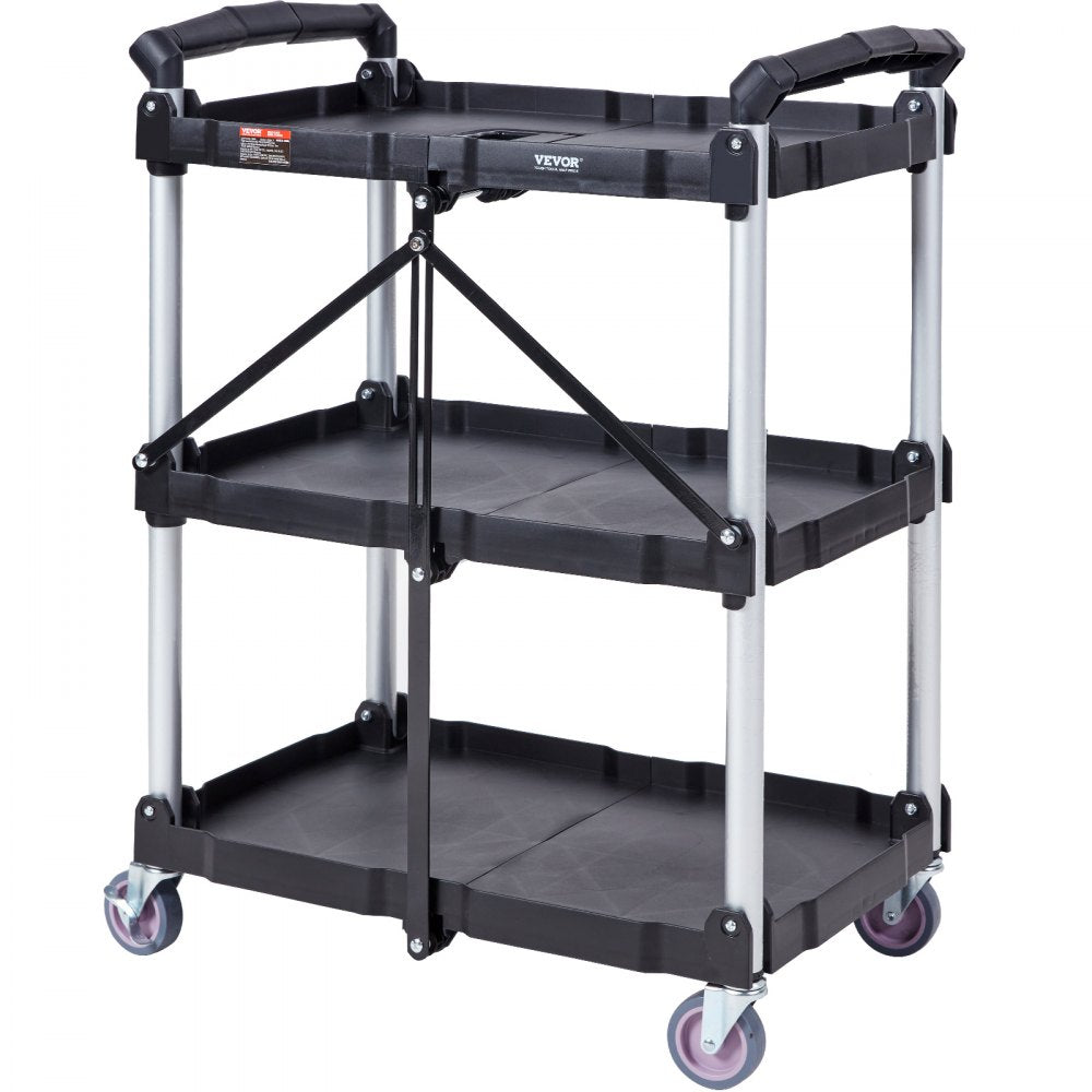 VEVOR Foldable Utility Service Cart, 3 Shelf 165LBS Heavy Duty Plastic Rolling Cart with Lockable Wheels, Ergonomic Handle, Portable Garage Tool Cart for Warehouse/Office/Home(25.62"x15.43"x32.76")