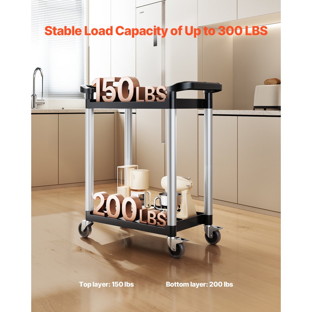 VEVOR Utility Cart, 300 lbs Load Capacity, 2-tier Utility Plastic Cart with 360° Swivel Wheels (2 with Brakes), 24.4 x 16.1-inch Food Service Cart for Warehouse, Office, Home, Restaurant, Kitchen