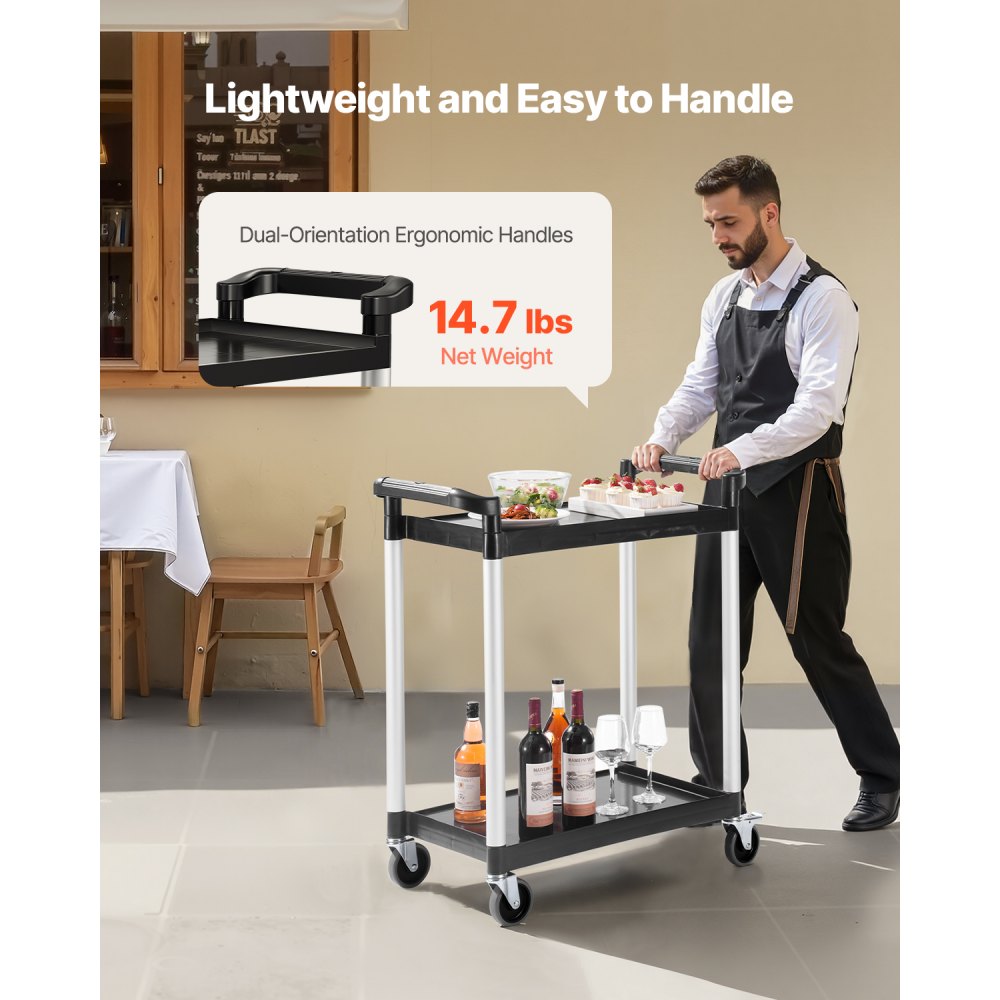 VEVOR Utility Cart, 300 lbs Load Capacity, 2-tier Utility Plastic Cart with 360° Swivel Wheels (2 with Brakes), 24.4 x 16.1-inch Food Service Cart for Warehouse, Office, Home, Restaurant, Kitchen