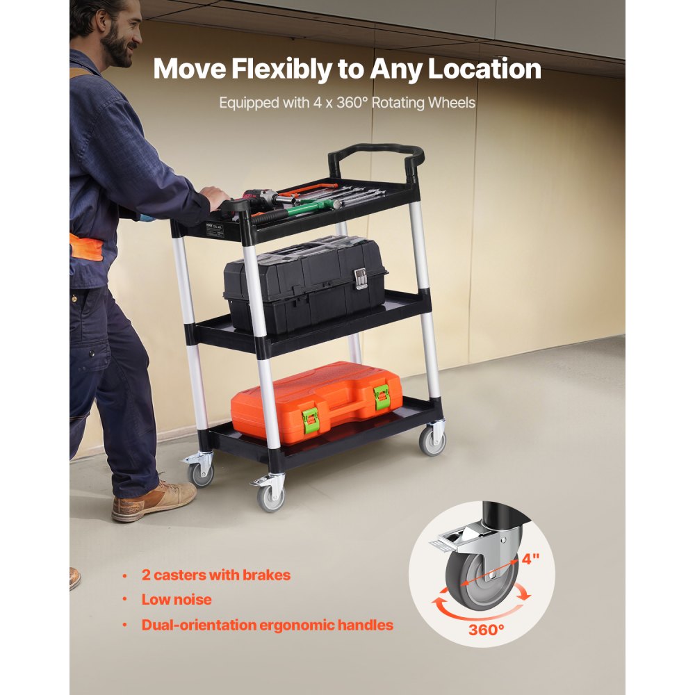 VEVOR Utility Cart, 300 lbs Load Capacity, 3-tier Utility Plastic Cart with 360° Swivel Wheels (2 with Brakes), 24.4 x 16.1-inch Food Service Cart for Warehouse, Office, Home, Restaurant, Kitchen
