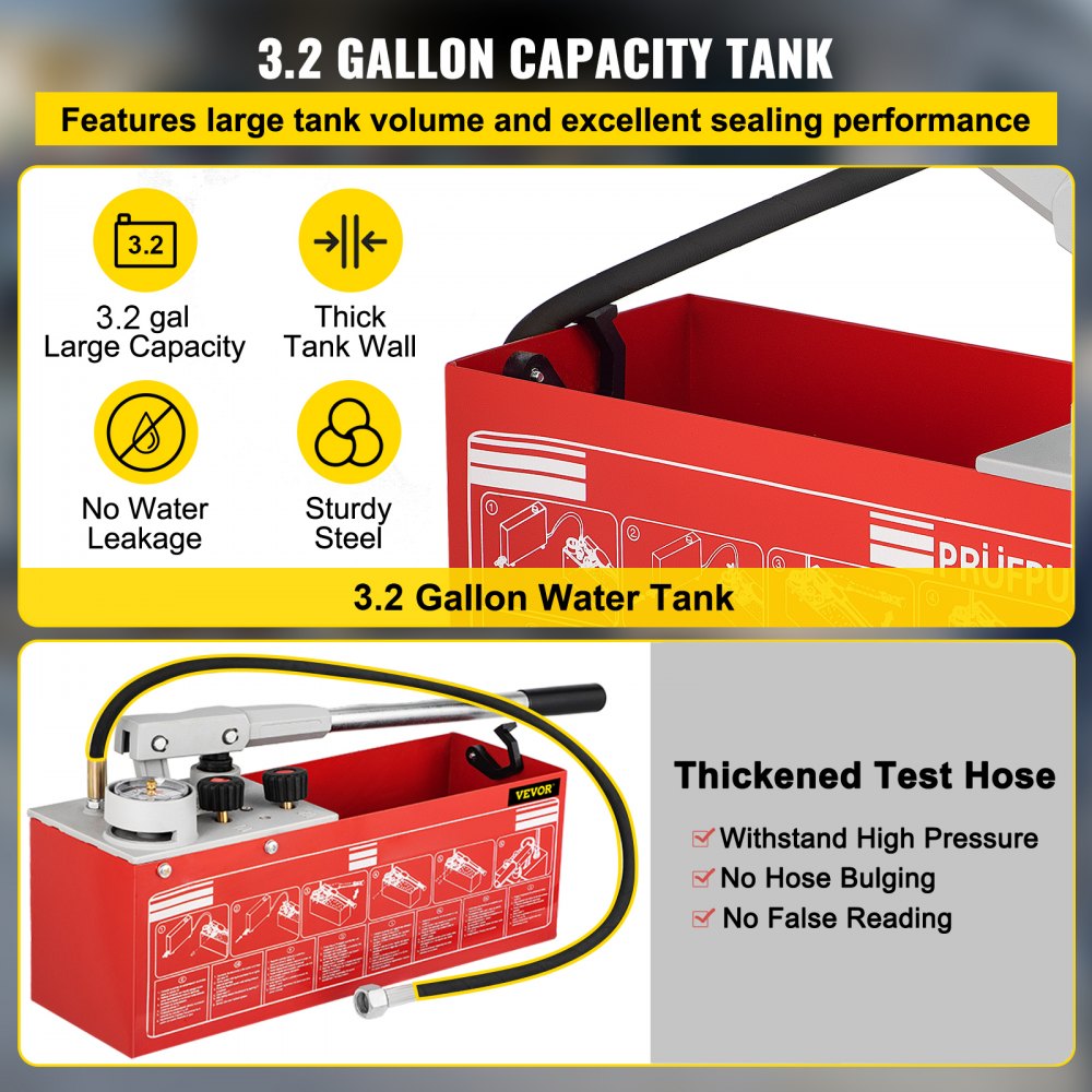 VEVOR Hydrostatic Pressure Test Pump, Test Up to 25 bar/2.5 MPa, 3.2 Gallon Tank, Hydraulic Manual Water Pressure Tester Kit with Two-Unit Gauge & R 1/2\" Connection, for Pipeline Fluid Pressure Testi