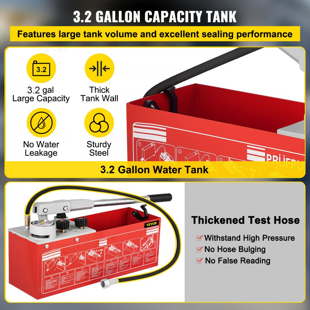 VEVOR Hydrostatic Pressure Test Pump, Test Up to 60 bar/860 psi, 3.2 Gallon Tank, Hydraulic Manual Water Pressure Tester Kit with Three-Unit Gauge & R 1/2\" Connection for Pipeline Fluid Pressure Test