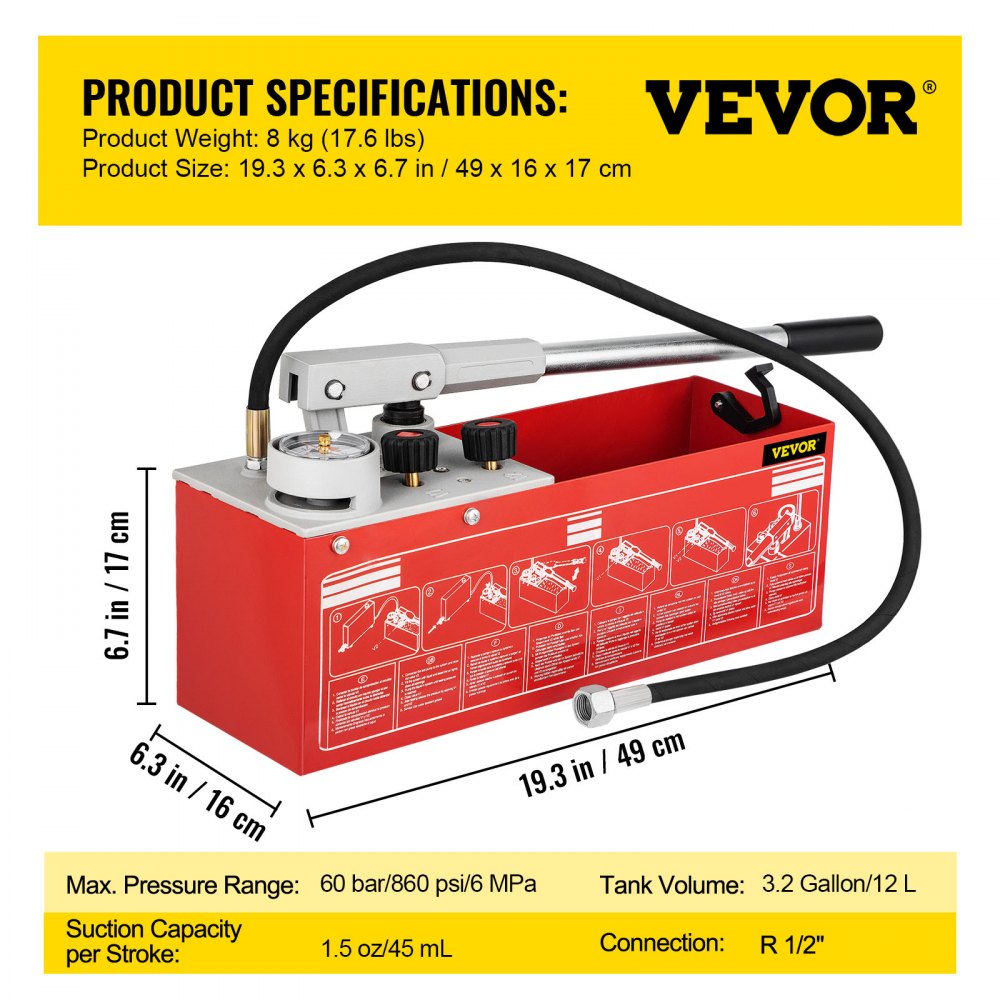 VEVOR Hydrostatic Pressure Test Pump, Test Up to 60 bar/860 psi, 3.2 Gallon Tank, Hydraulic Manual Water Pressure Tester Kit with Three-Unit Gauge & R 1/2\" Connection for Pipeline Fluid Pressure Test