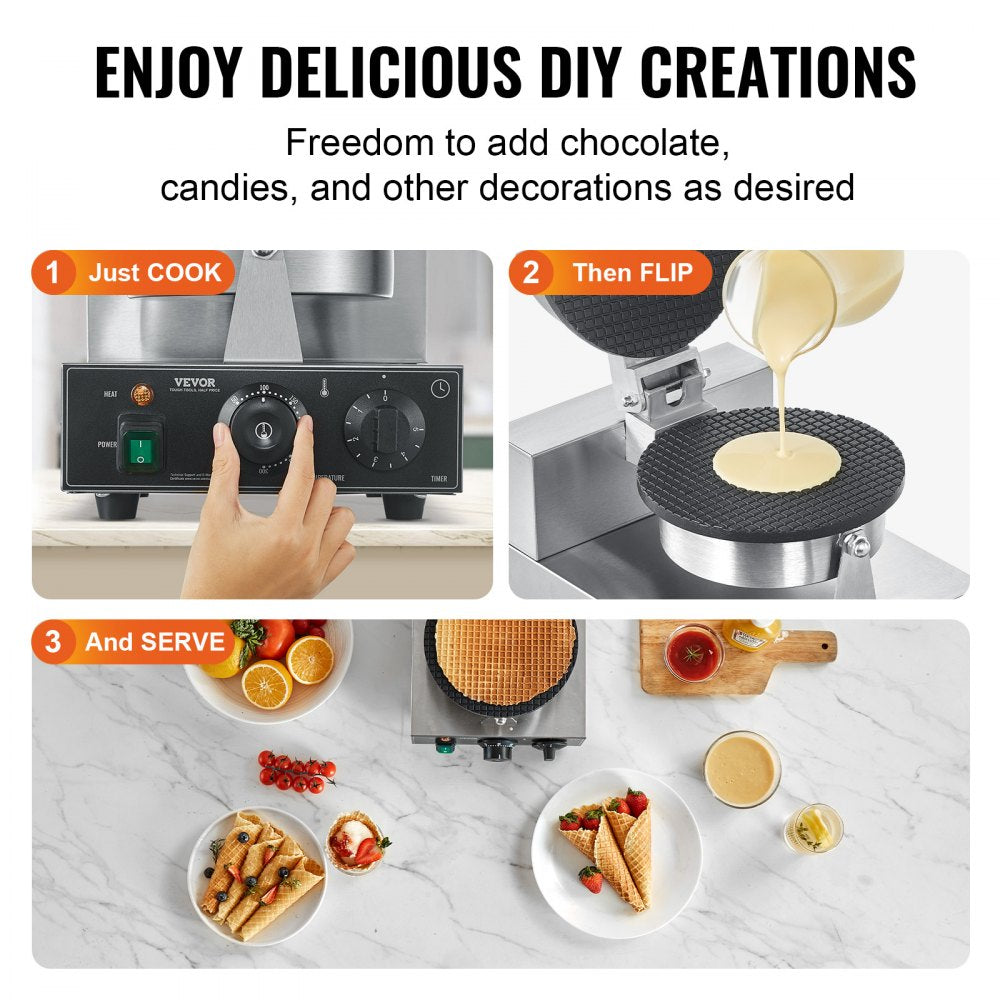 VEVOR Electric Ice Cream Cone Maker, Commercial 1230W Waffle Cone Machine, Non-Stick Stainless Steel Egg Roll Mold, with Temperature and Time Control, Handle, for Restaurant Bakery Snack Bar Family