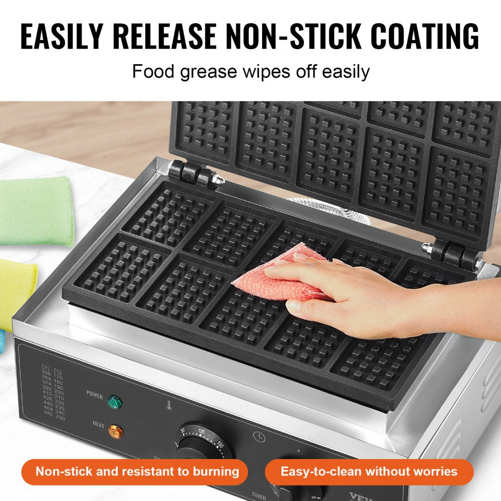VEVOR Commercial Waffle Maker, 10PCS Rectangle Waffle Baker Machine, 1550W Non-Stick Stainless Steel Belgian Waffle Iron with Temp and Time Control, Handle, for Restaurant Bakery Snack Bar Family