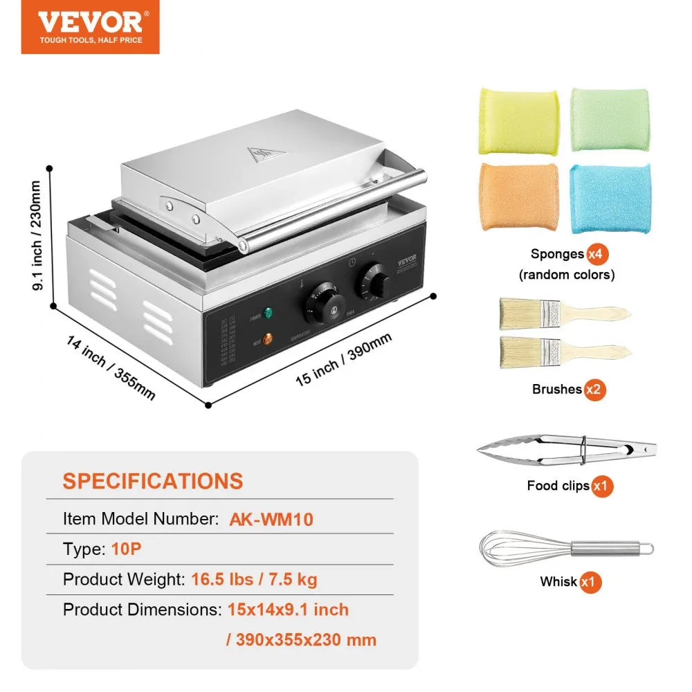 VEVOR Commercial Waffle Maker, 10PCS Rectangle Waffle Baker Machine, 1550W Non-Stick Stainless Steel Belgian Waffle Iron with Temp and Time Control, Handle, for Restaurant Bakery Snack Bar Family