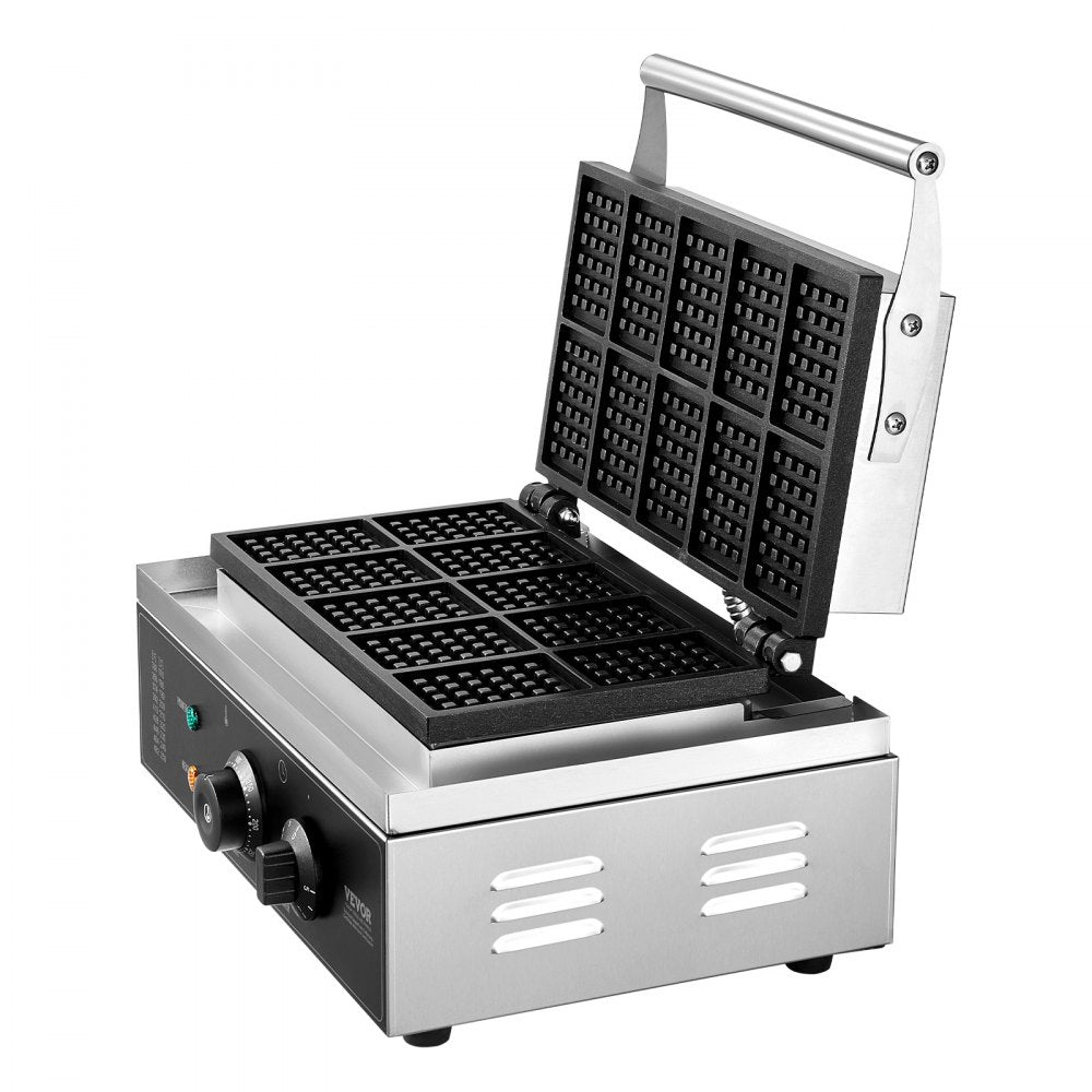VEVOR Commercial Waffle Maker, 10PCS Rectangle Waffle Baker Machine, 1550W Non-Stick Stainless Steel Belgian Waffle Iron with Temp and Time Control, Handle, for Restaurant Bakery Snack Bar Family