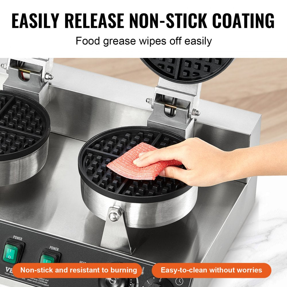 VEVOR Commercial Waffle Maker, Dual-Head Round Waffle Baker Machine, 2460W Non-Stick Stainless Steel Belgian Waffle Iron with Temp and Time Control, Handle, for Restaurant Bakery Snack Bar Family