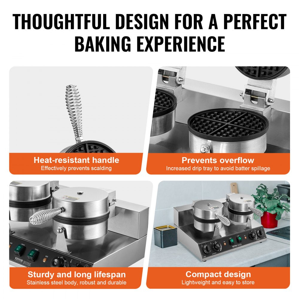 VEVOR Commercial Waffle Maker, Dual-Head Round Waffle Baker Machine, 2460W Non-Stick Stainless Steel Belgian Waffle Iron with Temp and Time Control, Handle, for Restaurant Bakery Snack Bar Family