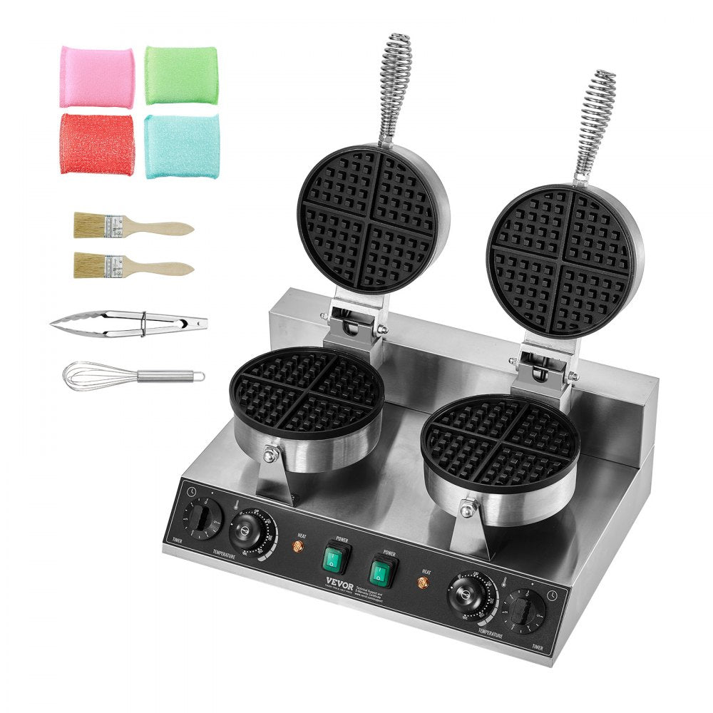 VEVOR Commercial Waffle Maker, Dual-Head Round Waffle Baker Machine, 2460W Non-Stick Stainless Steel Belgian Waffle Iron with Temp and Time Control, Handle, for Restaurant Bakery Snack Bar Family
