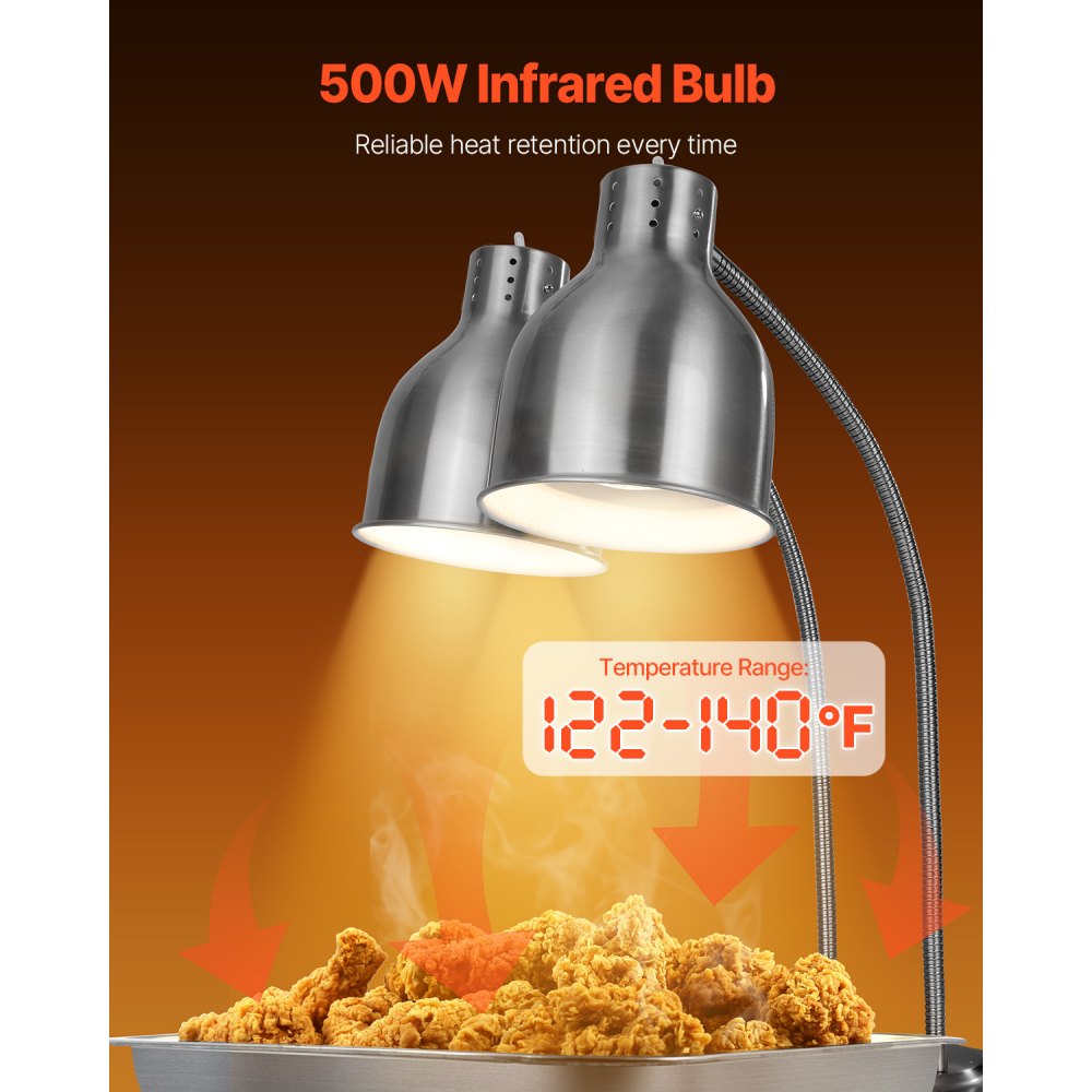 VEVOR Food Heat Lamp, 500W Electric Commercial Food Warmer Light, 2-Head Stainless Steel French Fry Heating Lamp with 3 Bulbs, Catering Food Warming Equipment for Kitchen, Buffet, Restaurant, Silver