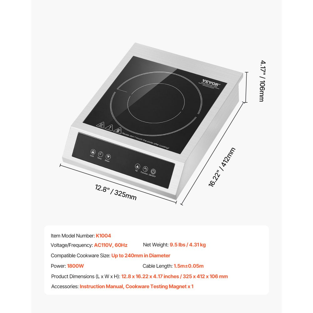 VEVOR Portable Induction Cooktop, 1800W Commercial Induction Burner with 9 Temperature Settings, Stainless Steel Countertop Induction Hot Plate with 3H Timer, Child Lock, for Restaurant Cooking