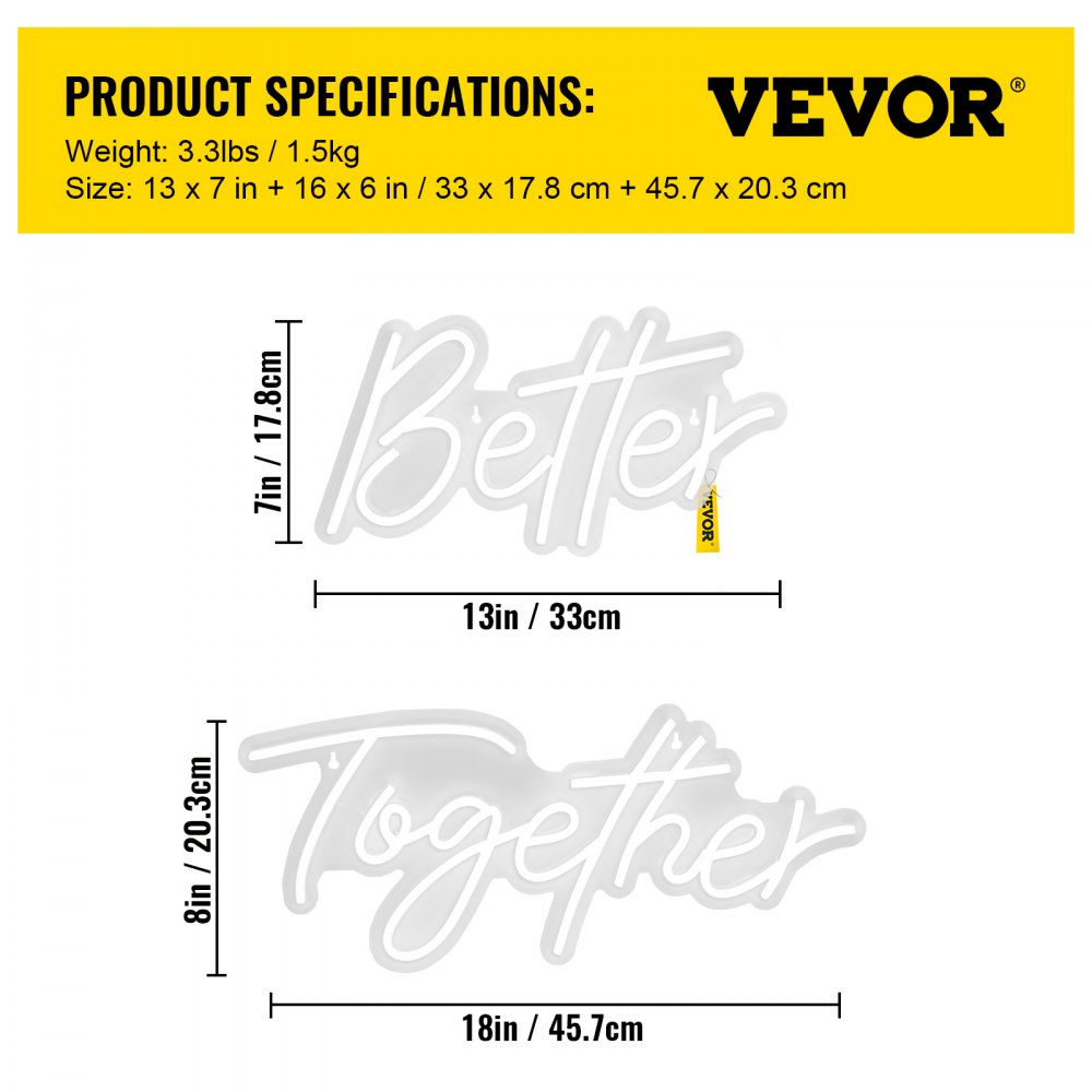 VEVOR Better Together Neon Sign, 13" x 7" +18" x 8" Warm White LED lights Sign, Adjustable Brightness with Remote Control, Used for Home, Party, Wedding, and Bar Decoration (Power Adapter Included