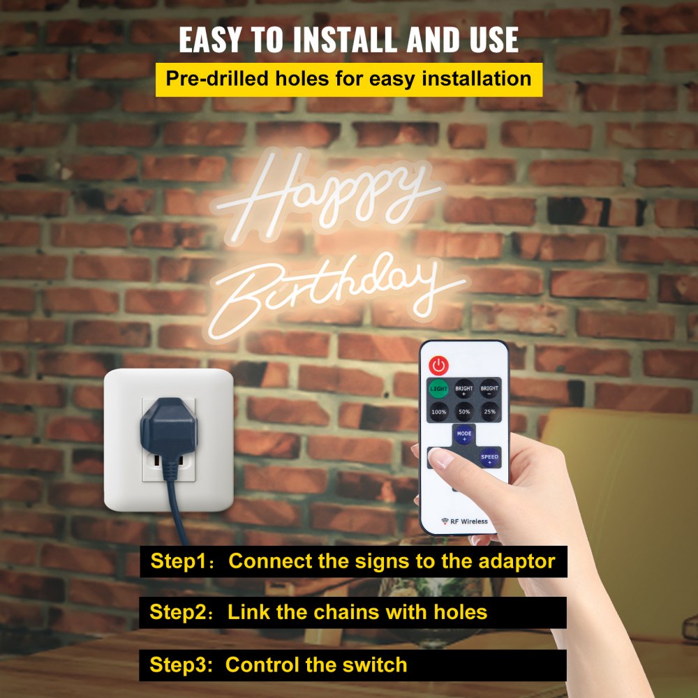 VEVOR Happy Birthday Neon Sign, 18" x 8" & 26" x 7.5" LED Neon Lights Signs, Adjustable Brightness with Dimmer Switch and Power Adapter, Reusable for Party, Club, Celebration and Decoration Warm W