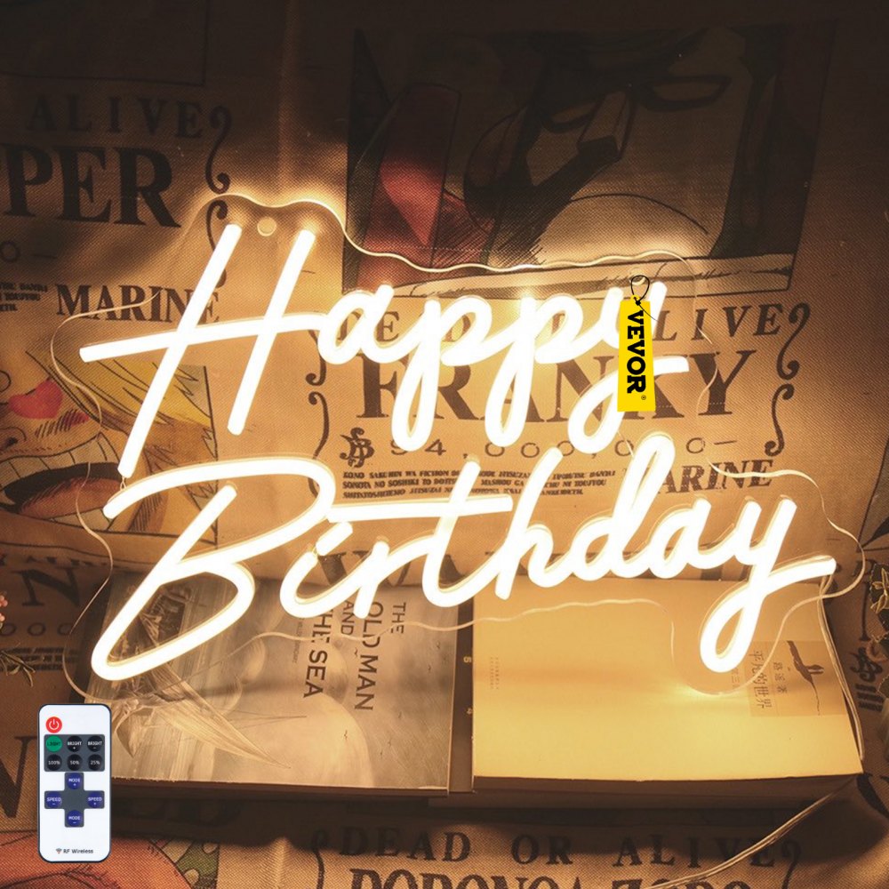 VEVOR Happy Birthday Neon Sign, 18" x 8" & 26" x 7.5" LED Neon Lights Signs, Adjustable Brightness with Dimmer Switch and Power Adapter, Reusable for Party, Club, Celebration and Decoration Warm W