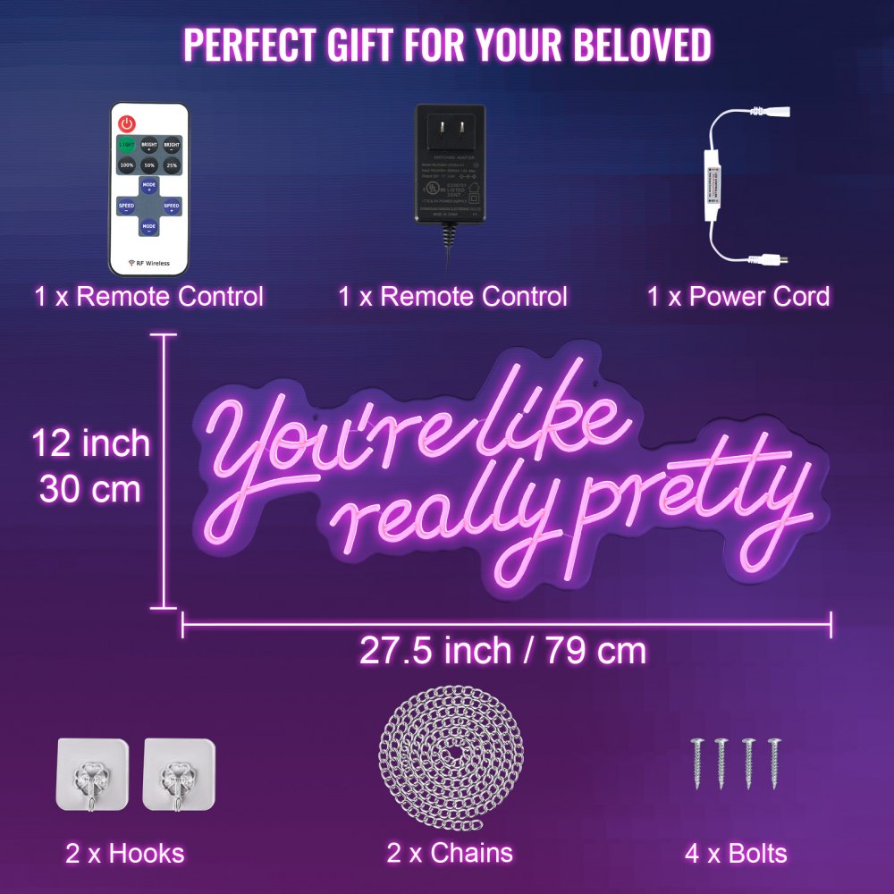 VEVOR You're Like Really Pretty Neon Sign, 27.5" x 12" Pink LED Neon Signs for Wall Decor, Large Lights Sign with Remote Control and Power Adapter, Used for Party, Wedding, Living Room, Office