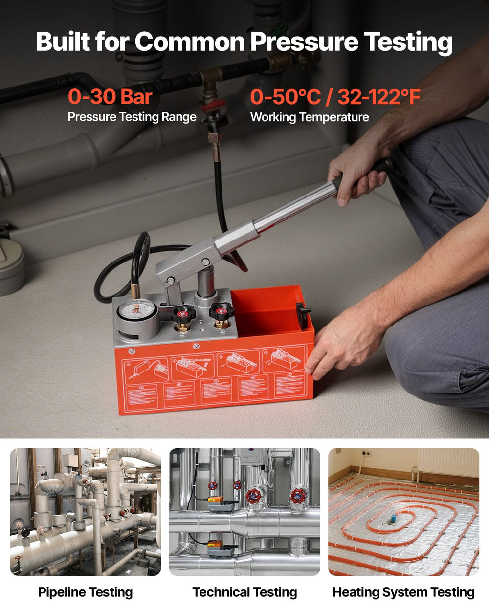 VEVOR Hydrostatic Test Pump 1.6 Gallon Hydraulic Manual Water Pressure Tester, Dual Valve Hydrostatic Water Pipe Leakage Pressure Test Pump Kit with Gauge & Tank, 0-30 Bar Range, for Pipeline Heating