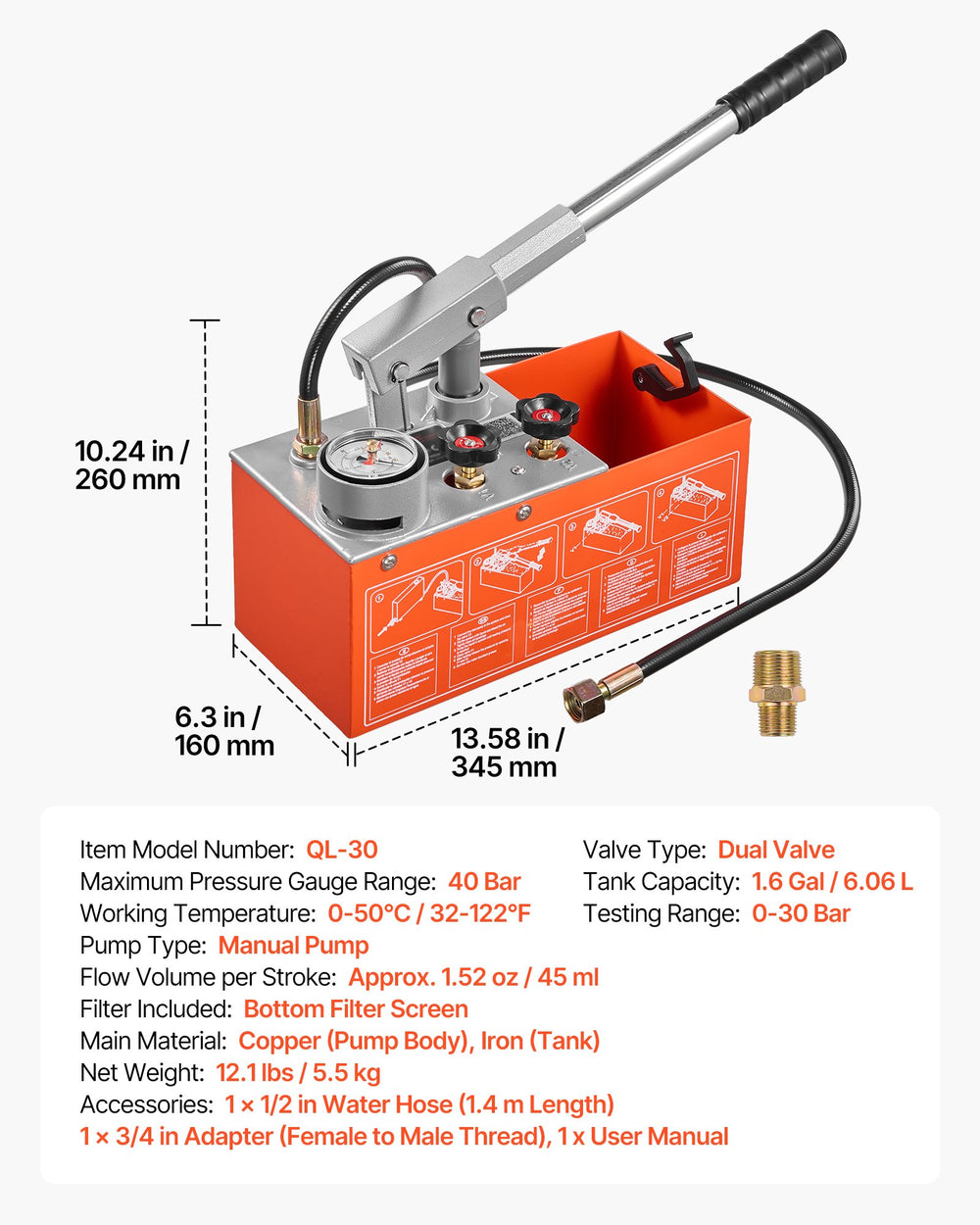 VEVOR Hydrostatic Test Pump 1.6 Gallon Hydraulic Manual Water Pressure Tester, Dual Valve Hydrostatic Water Pipe Leakage Pressure Test Pump Kit with Gauge & Tank, 0-30 Bar Range, for Pipeline Heating