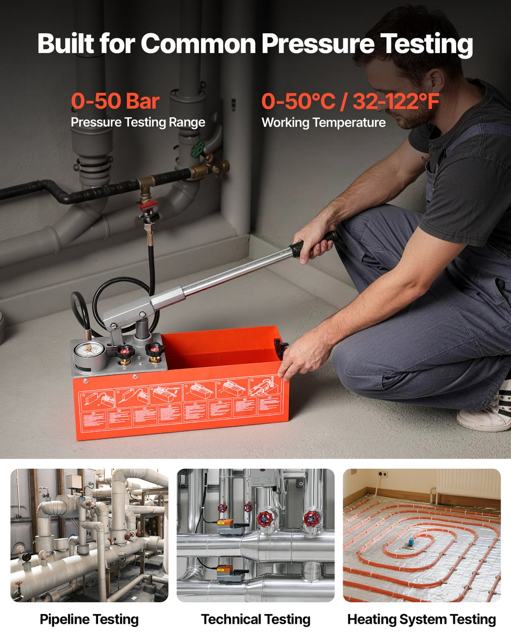 VEVOR Hydrostatic Test Pump 3 Gallon Hydraulic Manual Water Pressure Tester, Dual Valve Hydrostatic Water Pipe Leakage Pressure Test Pump Kit with Gauge & Tank, 0-50 Bar Range, for Pipeline, Heating