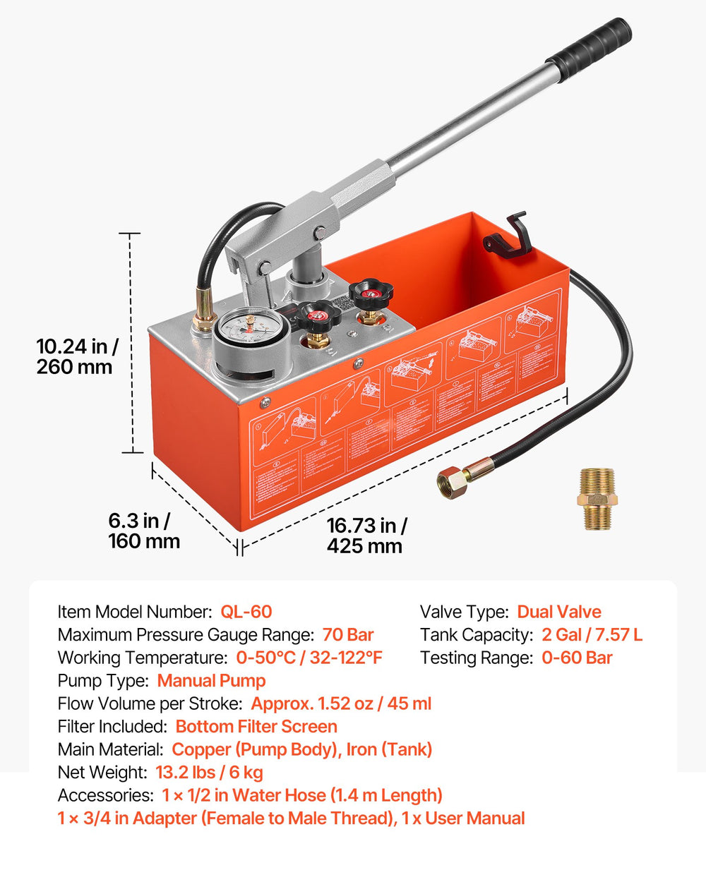 VEVOR Hydrostatic Test Pump 2 Gallon Hydraulic Manual Water Pressure Tester, Dual Valve Hydrostatic Water Pipe Leakage Pressure Test Pump Kit with Gauge & Tank, 0-60 Bar Range, for Pipeline, Heating