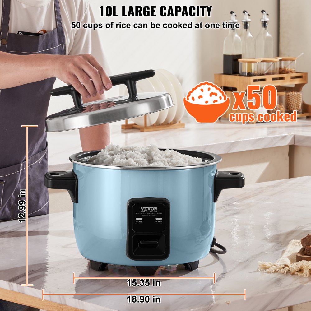 VEVOR Commercial Rice Cooker, 50-Cup Rice Cooker, 10.57 Qt / 10 Liter Large Rice Cooker and Warmer with Nonstick Inner Pot, Fast Cooking and 24-Hour Keep Warm, with Rice Cup and Paddle, for Restaurant