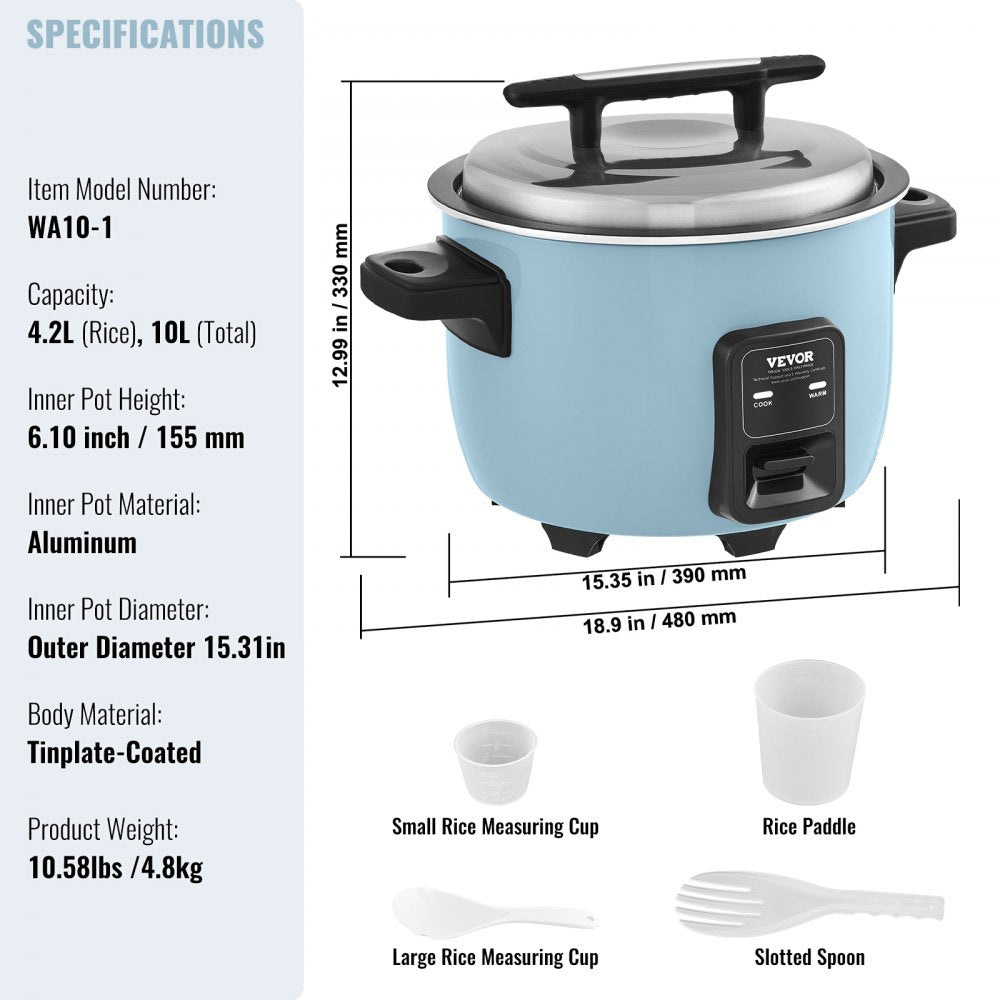 VEVOR Commercial Rice Cooker, 50-Cup Rice Cooker, 10.57 Qt / 10 Liter Large Rice Cooker and Warmer with Nonstick Inner Pot, Fast Cooking and 24-Hour Keep Warm, with Rice Cup and Paddle, for Restaurant