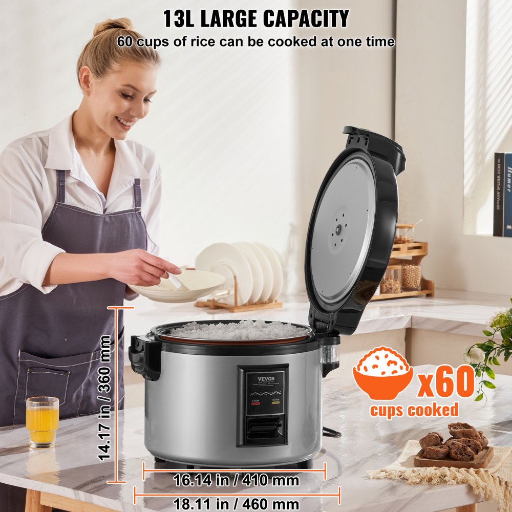 VEVOR Commercial Rice Cooker, 60-Cup Rice Cooker, 13.74 Qt / 13 Liter Large Rice Cooker and Warmer with Nonstick Inner Pot, Fast Cooking and 12-Hour Keep Warm, with Rice Cup and Paddle, for Restaurant