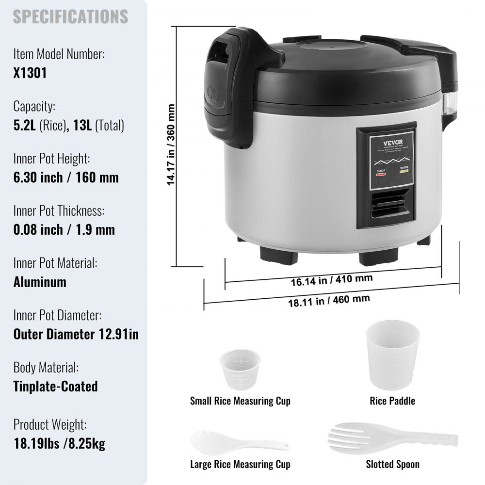 VEVOR Commercial Rice Cooker, 60-Cup Rice Cooker, 13.74 Qt / 13 Liter Large Rice Cooker and Warmer with Nonstick Inner Pot, Fast Cooking and 12-Hour Keep Warm, with Rice Cup and Paddle, for Restaurant
