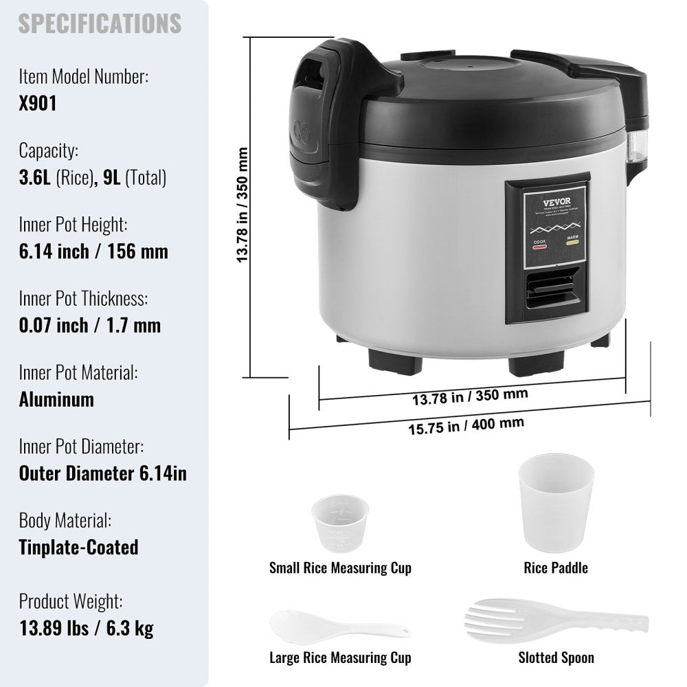 VEVOR Commercial Rice Cooker, 45-Cup Rice Cooker, 9.51 Qt / 9 Liter Large Rice Cooker and Warmer with Nonstick Inner Pot, Fast Cooking and 12-Hour Keep Warm, with Rice Cup and Paddle, for Restaurant