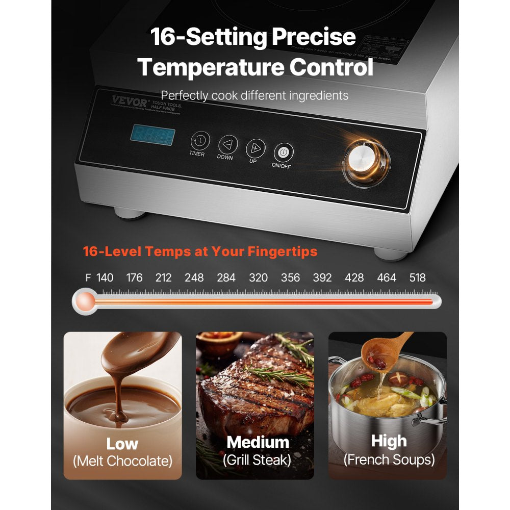 VEVOR Portable Induction Cooktop, 5000W Commercial Induction Burner with 16 Temperature Settings, Stainless Steel Countertop Induction Hot Plate with 4H Timer, Child Lock, for Restaurant Cooking