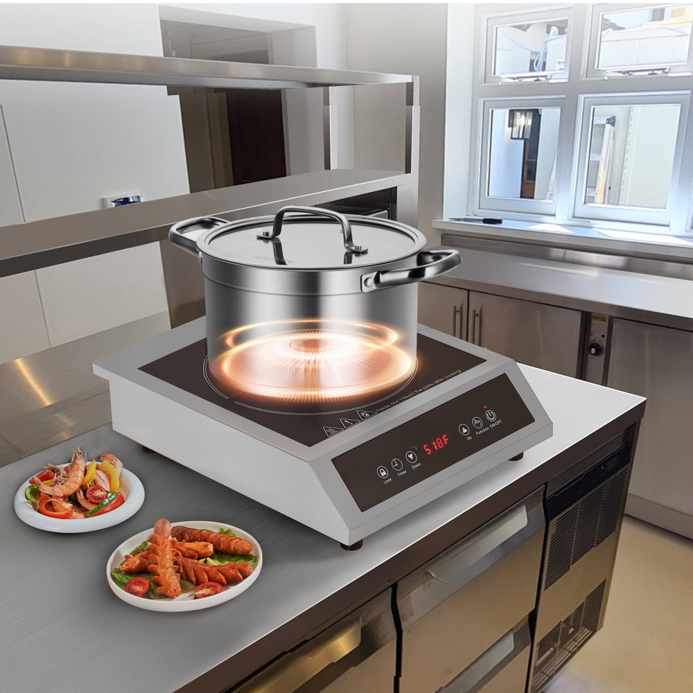 VEVOR Induction Cooktop, 3500W Commercial Induction Burner with 11-Level Temperature, Stainless Steel Countertop Induction Hot Plate with 3H Timer, Child Lock for Restaurant (6-15P Plug, 6-20R Outlet)