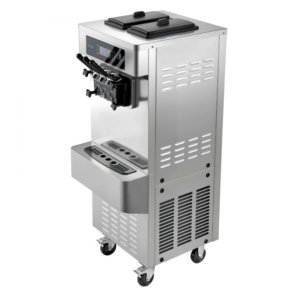 VEVOR Commercial Ice Cream Machine, 20-28L/H Yield, 2200W 3-Flavor Freestanding Soft Serve Ice Cream Maker with 2 x 6L Hoppers & Built-In Puffing Pump, Pre-Cooling Low-Mix Alert for Snack Dessert Shop