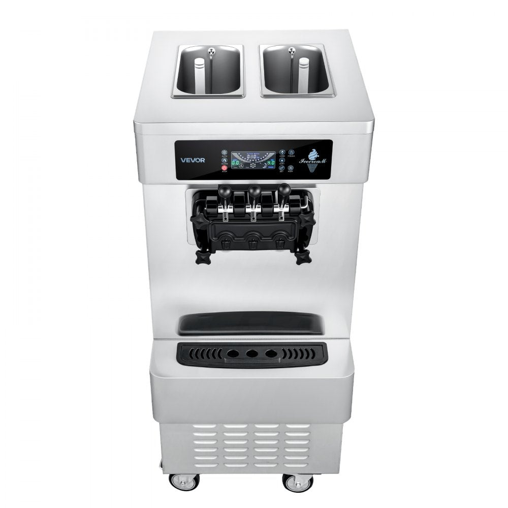 VEVOR Commercial Ice Cream Machine, 20-28L/H Yield, 2200W 3-Flavor Freestanding Soft Serve Ice Cream Maker with 2 x 6L Hoppers & Built-In Puffing Pump, Pre-Cooling Low-Mix Alert for Snack Dessert Shop