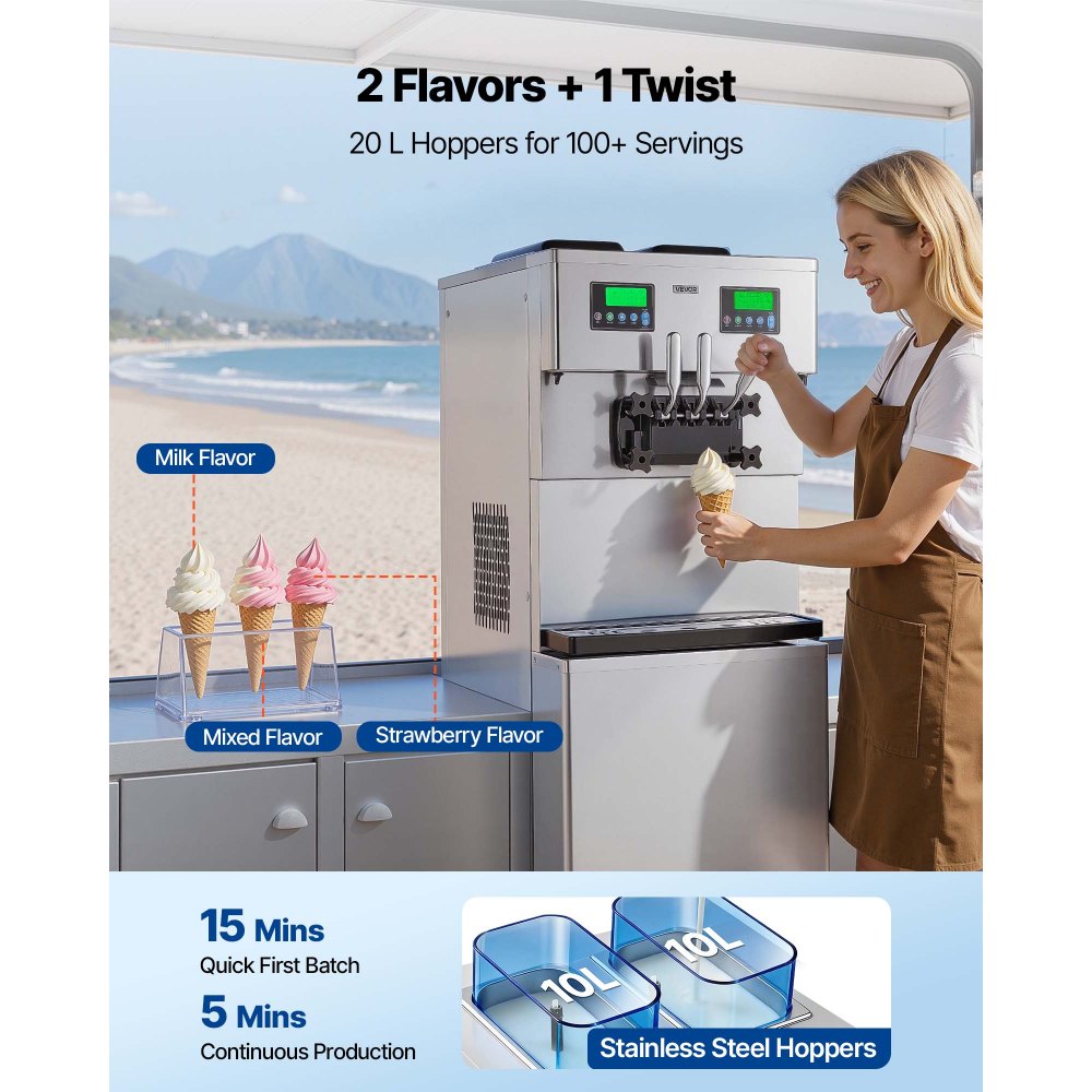 VEVOR Commercial Ice Cream Machine, 34-44L/H Yield, Dual-Compressor Freestanding Soft Serve Ice Cream Maker with 2*10L Hoppers & 3 Flavors, Pre-Cooling Puffing Low-Mix Alert for Snack Dessert Shops
