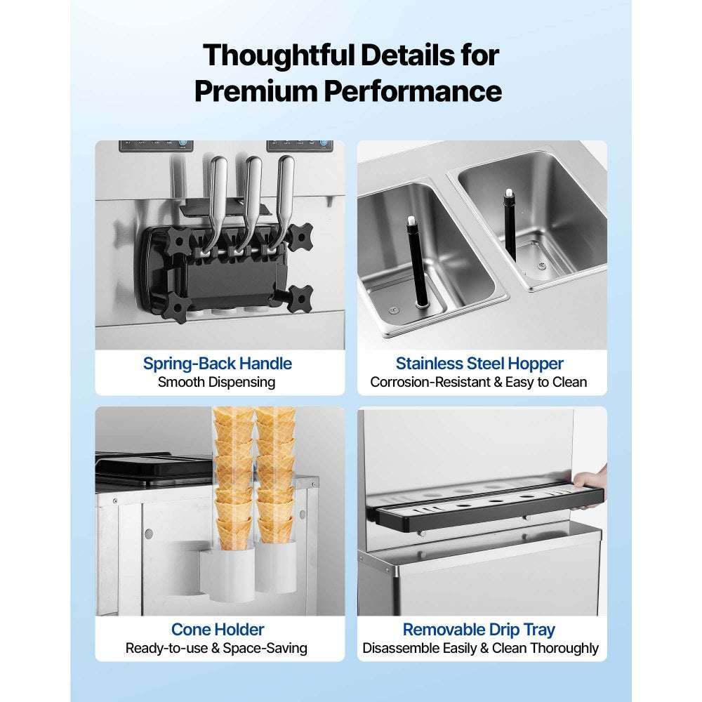 VEVOR Commercial Ice Cream Machine, 34-44L/H Yield, Dual-Compressor Freestanding Soft Serve Ice Cream Maker with 2*10L Hoppers & 3 Flavors, Pre-Cooling Puffing Low-Mix Alert for Snack Dessert Shops