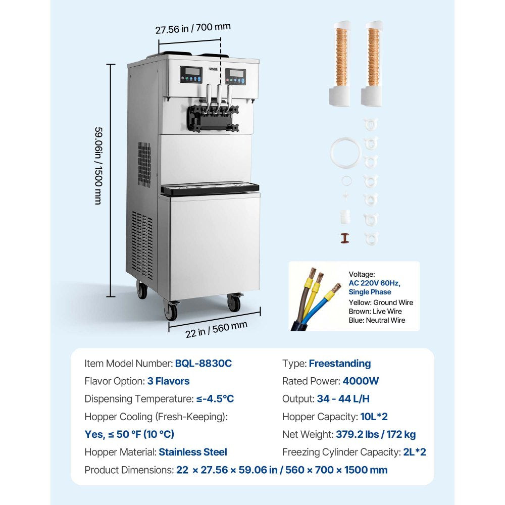 VEVOR Commercial Ice Cream Machine, 34-44L/H Yield, Dual-Compressor Freestanding Soft Serve Ice Cream Maker with 2*10L Hoppers & 3 Flavors, Pre-Cooling Puffing Low-Mix Alert for Snack Dessert Shops
