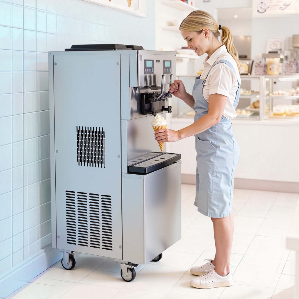 VEVOR Commercial Ice Cream Machine, 34-44L/H Yield, Dual-Compressor Freestanding Soft Serve Ice Cream Maker with 2*10L Hoppers & 3 Flavors, Pre-Cooling Puffing Low-Mix Alert for Snack Dessert Shops