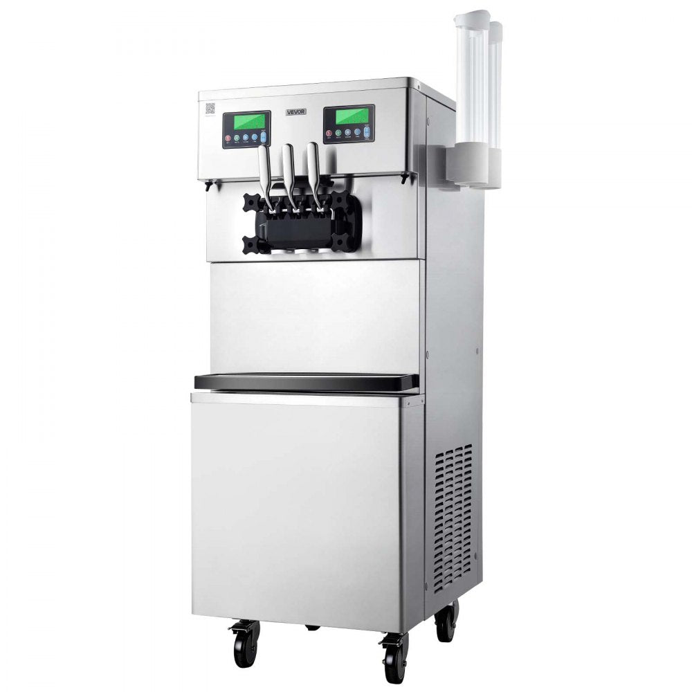 VEVOR Commercial Ice Cream Machine, 34-44L/H Yield, Dual-Compressor Freestanding Soft Serve Ice Cream Maker with 2*10L Hoppers & 3 Flavors, Pre-Cooling Puffing Low-Mix Alert for Snack Dessert Shops