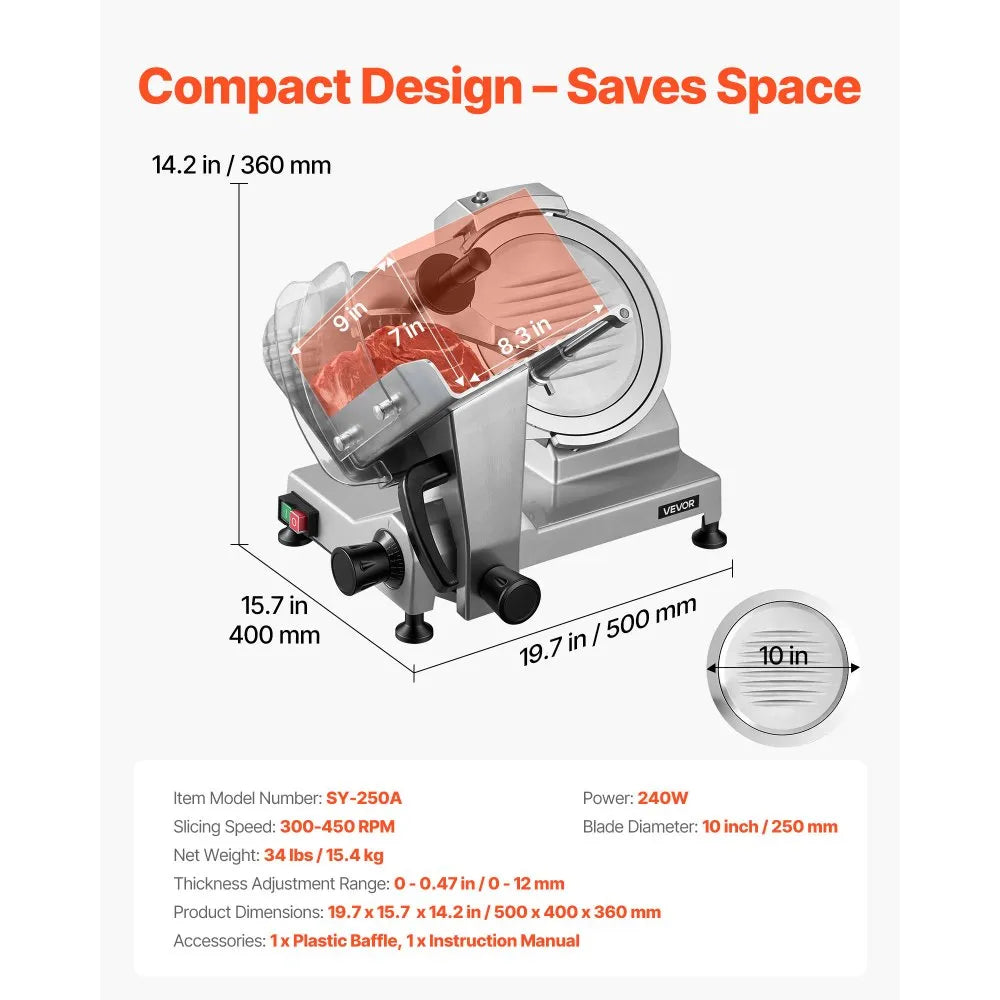 VEVOR 10" Commercial Meat Slicer, 240W Electric Deli Food Slicer with Carbon Steel Blade, Built-In Sharpener & 0-0.47" Adjustable Thickness for Frozen Meat, Ham, Baguett, Steak, UL Approved