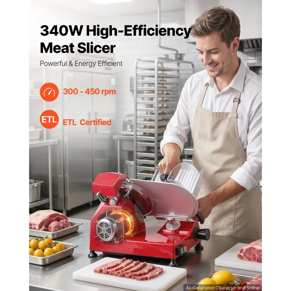 VEVOR Commercial Meat Slicer 340W Electric Deli Food Slicer 10 inch Blade, 350-400RPM Electric Food Slicer, Carbon Steel Blade Meat Slicer, 0-0.47 inch Adjustable Thickness for Commercial and Home Use