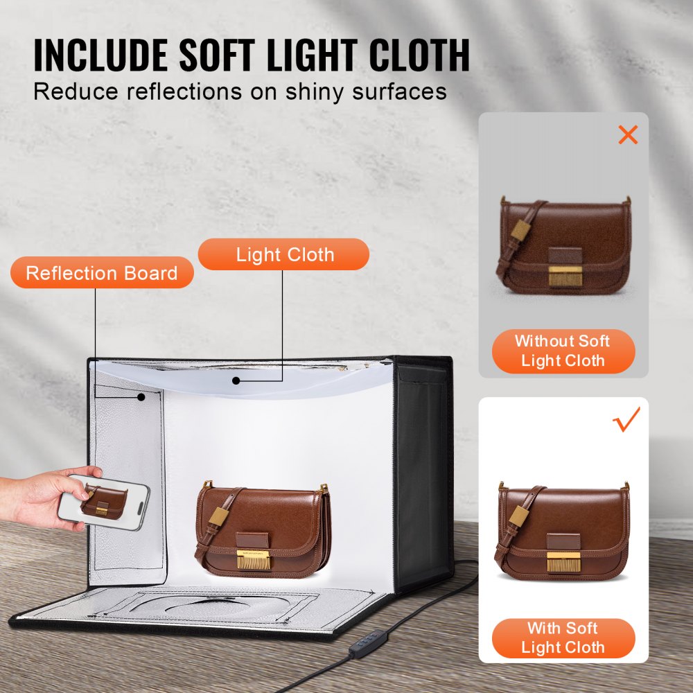 VEVOR Photo Studio Light Box, 12" x 12", 3000-5600K Adjustable 3 Color Temperatures Professional Shooting Tent Kit with 120 LED 6 Backdrops Soft Light Cloth, High CRI ≥ 95 for Small Size Products