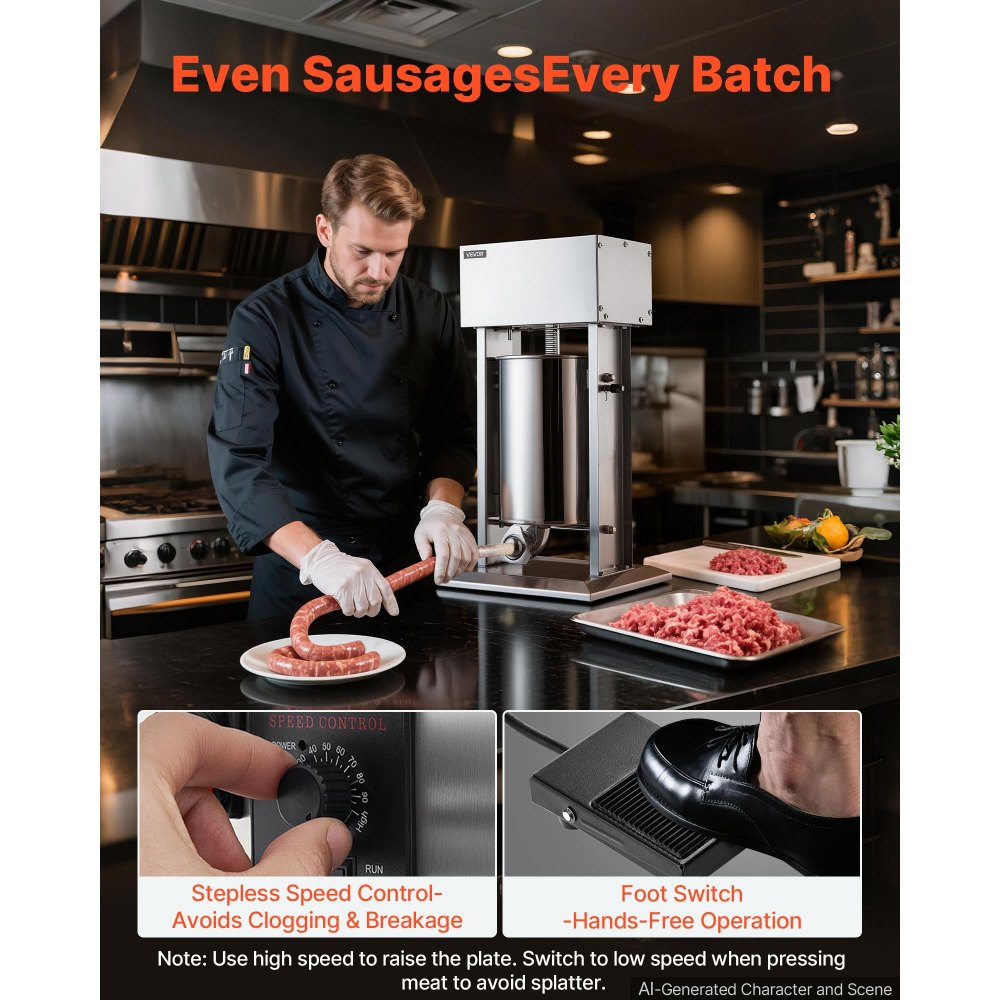 VEVOR Electric Sausage Stuffer 25 lbs Vertical Meat Maker Stainless Steel, for Commercial Use, Stepless Speed Control Meat Stuffer, Sausage Filler Kit, 4 Filling Tubes & Foot Pedal, ETL Approved