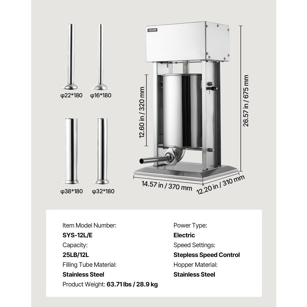 VEVOR Electric Sausage Stuffer 25 lbs Vertical Meat Maker Stainless Steel, for Commercial Use, Stepless Speed Control Meat Stuffer, Sausage Filler Kit, 4 Filling Tubes & Foot Pedal, ETL Approved