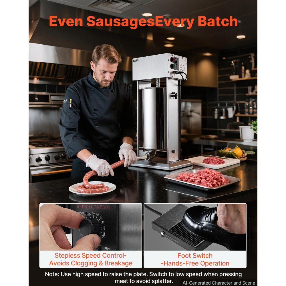 VEVOR Electric Sausage Stuffer 55 lbs Vertical Meat Maker Stainless Steel, for Commercial Use, Stepless Speed Control Meat Stuffer, Sausage Filler Kit, 4 Filling Tubes & Foot Pedal, ETL Approved