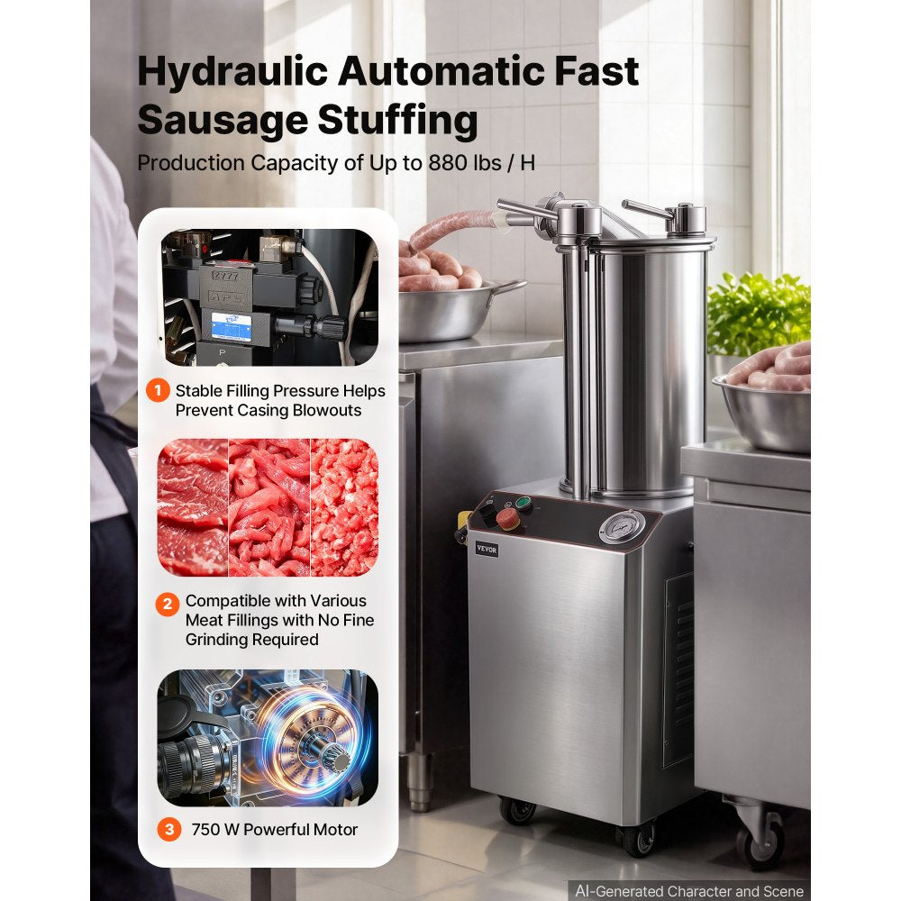VEVOR Hydraulic Automatic Sausage Stuffer 26L Fixed Tank Meat Maker, for Commercial Use, 18L Mixing Meat Capacity, 750W Vertical Meat Stuffer, Stainless Steel Filler Kit, 4 Filling Tubes