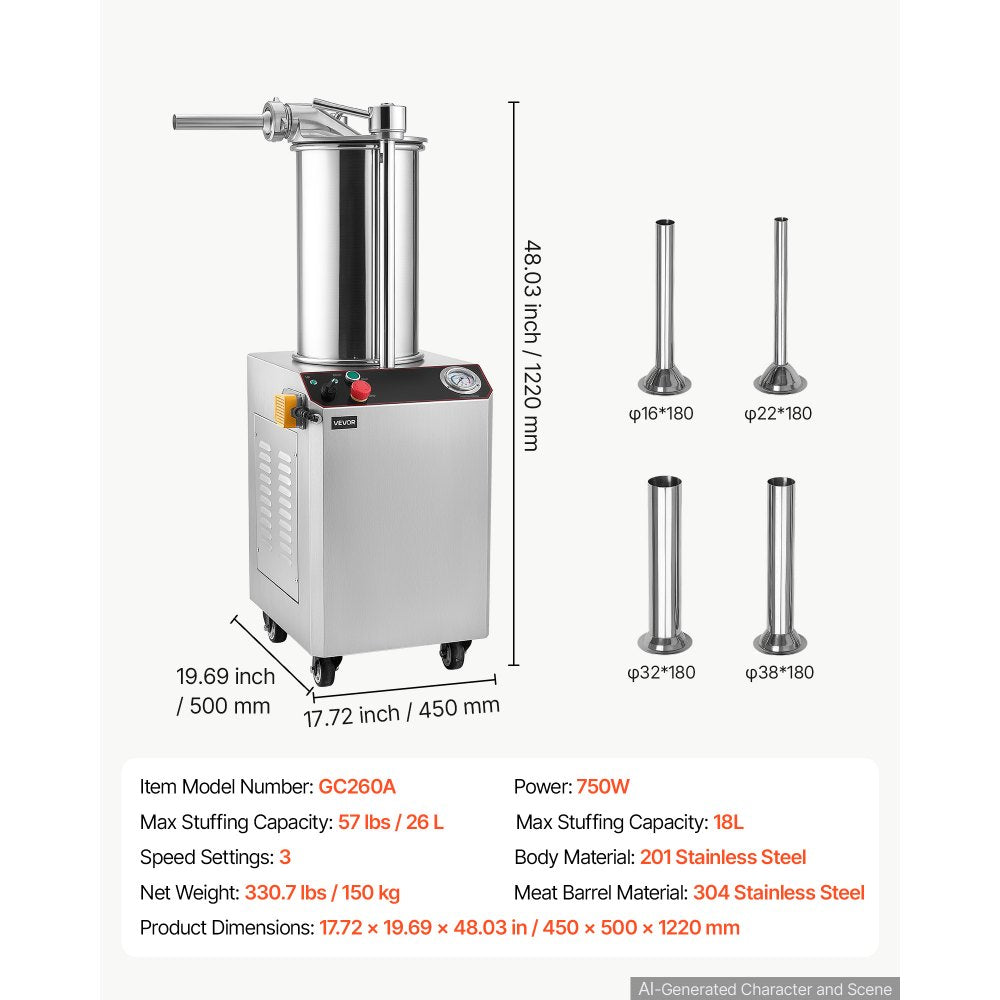 VEVOR Hydraulic Automatic Sausage Stuffer 26L Fixed Tank Meat Maker, for Commercial Use, 18L Mixing Meat Capacity, 750W Vertical Meat Stuffer, Stainless Steel Filler Kit, 4 Filling Tubes