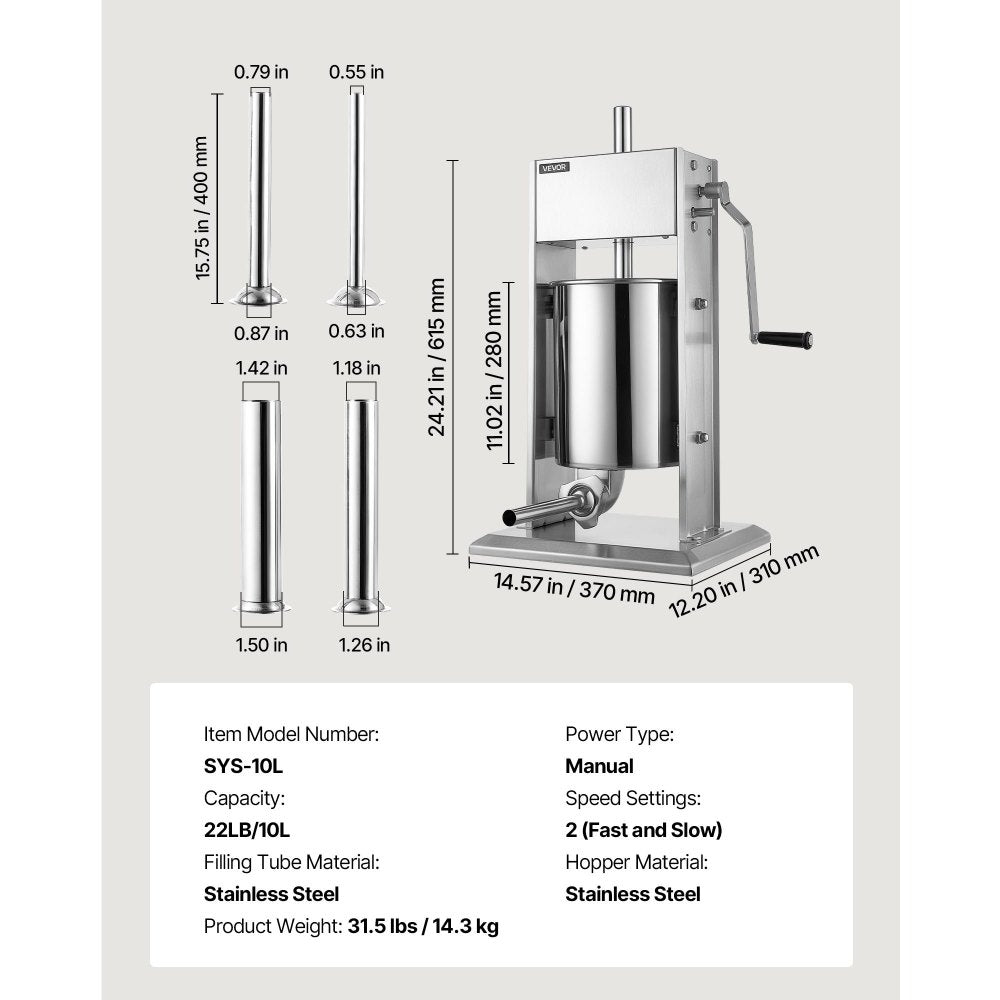 VEVOR Manual Sausage Stuffer 22 lbs/ 10L Vertical Meat Maker Stainless Steel, for Home Camping Outdoor Grill BBQ, Dual-Speed Meat Stuffer, Professional Heavy Duty Sausage Filler Kit, 4 Filling Tubes